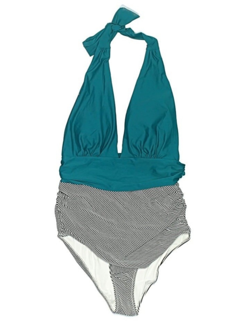 🇺🇸 Cupshe One Piece Swimsuit 1X Teal Halter Plunge Striped Bottom NWT - Picture 4 of 9